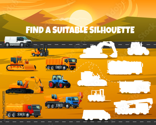 Find a suitable silhouette of cartoon trucks and tractors, construction machinery. Find correct shadow riddle game to guess and match similar van car, dumper loader or lorry and excavator silhouettes