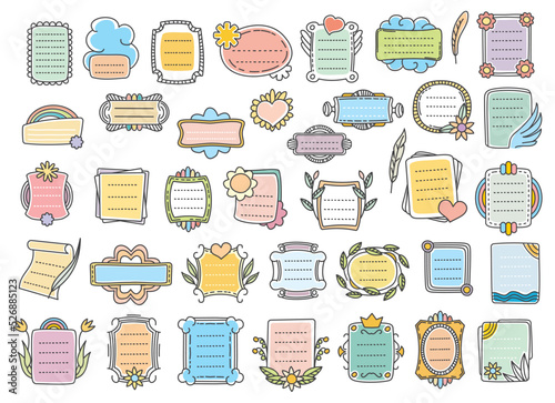 Bullet journal doodle frames, notes and diary calendar elements, vector memo note reminders. Journal bullet page stickers or calendar planner and notebook labels of to do list or agenda memo