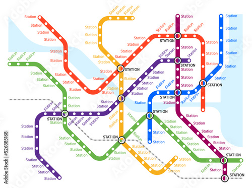 Metro, underground, subway transport system map. Urban city railway stations scheme. Vector plan with colorful lines. Fictional layout of public passenger transport routes. Subway train tracks plan