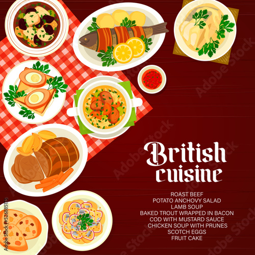 British cuisine menu page cover. Cod with mustard sauce, chicken soup with prunes and baked trout wrapped in bacon, roast beef, fruit cake and potato anchovy salad, Scotch eggs, lamb soup