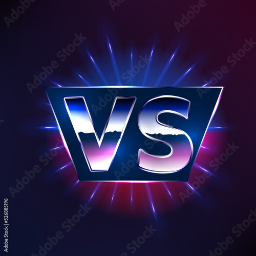 Vs or versus vector sign, game or sport confrontation glossy symbol with blue and purple neon glow rays. Sports game, fight or battle competition challenge, martial arts combat emblem or label