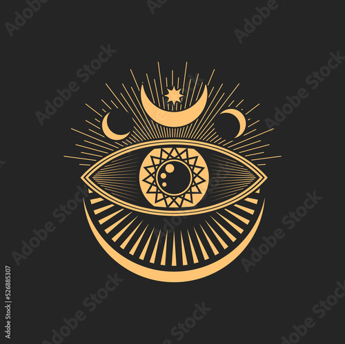 Occult eye and moon, pentagram and sun rays isolated tattoo esoteric symbol, magic tarot sign. Vector sacred occultism talisman, esoteric icon