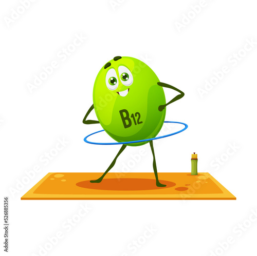 Cartoon B12 vitamin character, cheerful cyanocobalamin personage on fitness rolling hoop stand on mat. Vector micronutrient bubble healthy life. Funny comic element at wellness or health care class