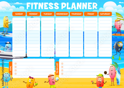 Fitness planner schedule. Cartoon vitamins on summer beach vacation. Healthy eating plan vector planner schedule with vitamins characters on summer beach. Surfing and diving, cocktails and volleyball