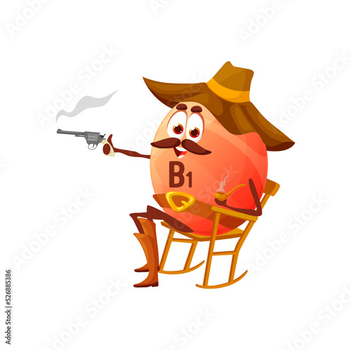Cartoon vitamin B1 cowboy character. Vector thiamine western personage sitting on rolling chair with steaming gun in hands. American ranger supplement bubble wear hat and boots, wild west hero