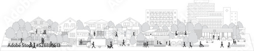 街並みを歩く人々のベクターイラスト. 線画のイラスト.