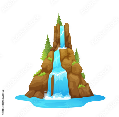 Isolated waterfall with trees on stones, cartoon river water cascade. Blue aqua waterfall nature environment background, mountain river water cascade falling from rocky cliff vector game asset