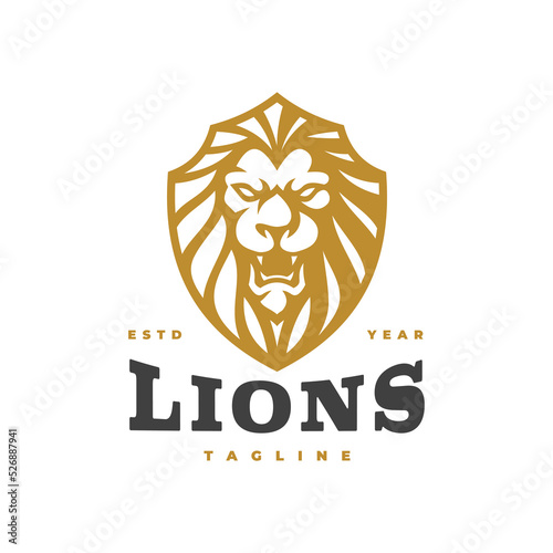Lion head and shield emblem logo design. Lion crest vector illustration