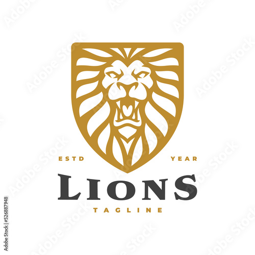 Lion head and shield emblem logo design. Lion crest vector illustration