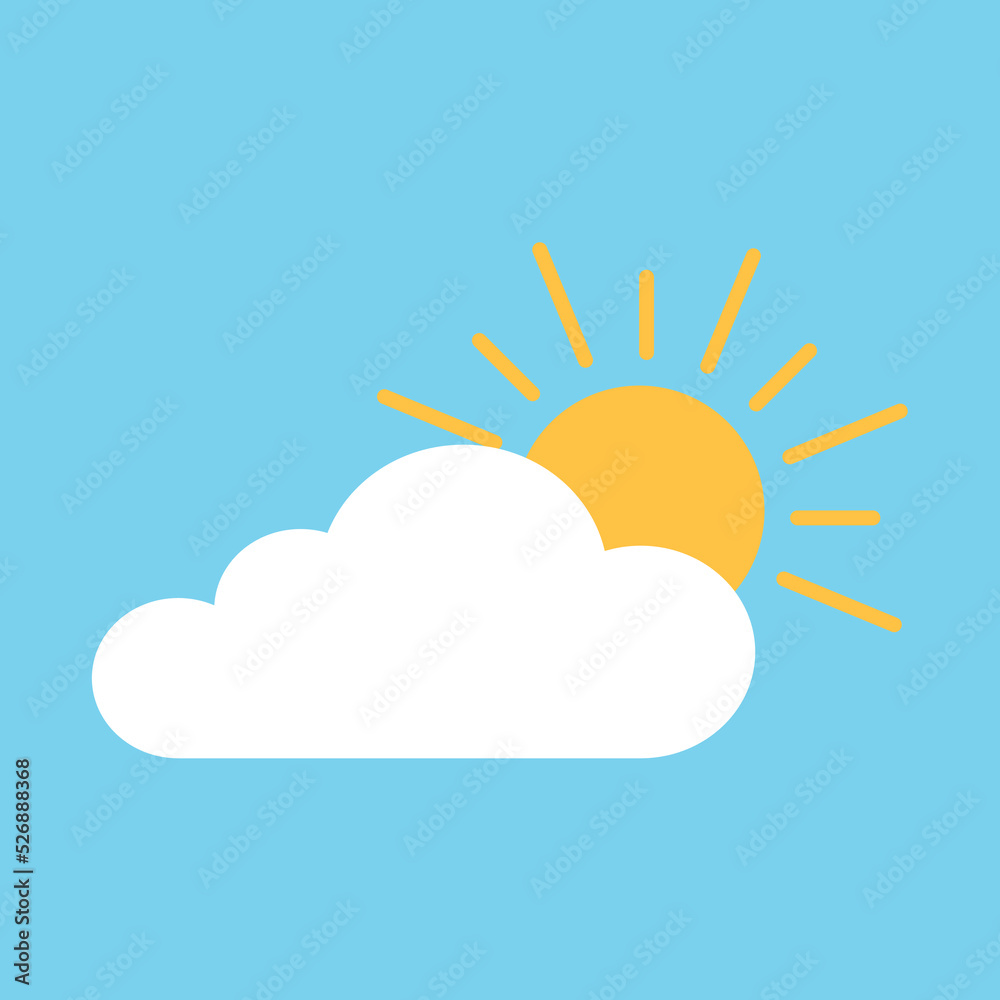 Animated Cloud with Sun Depicting Weather in Flat Icon Clipart Illustration on Blue Sky