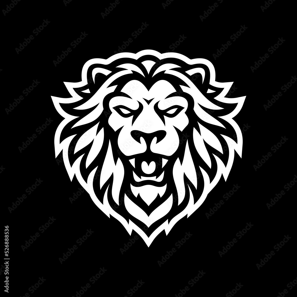 Angry roaring lion head line art or silhouette logo design. Lion face vector illustration on dark background