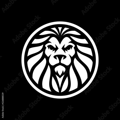 Lion head line art or silhouette in a circle logo design. Lion emblem vector illustration on dark background 