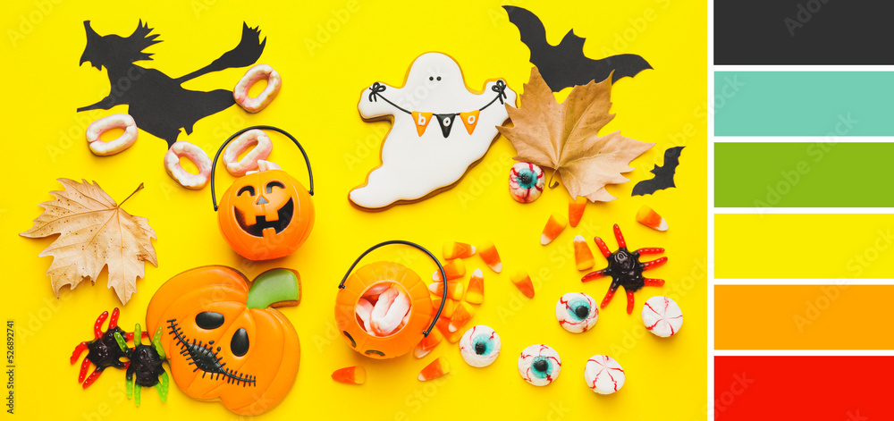 Fototapeta premium Halloween composition with tasty treats on yellow background. Different color patterns