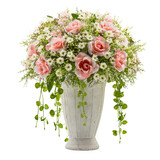 Cutout of an isolated bouquet of artificial roses in a rustic vase for weddings and home deco with the transparent png background 