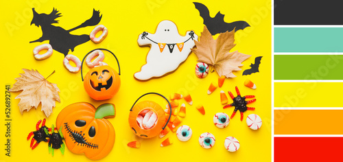 Halloween composition with tasty treats on yellow background. Different color patterns