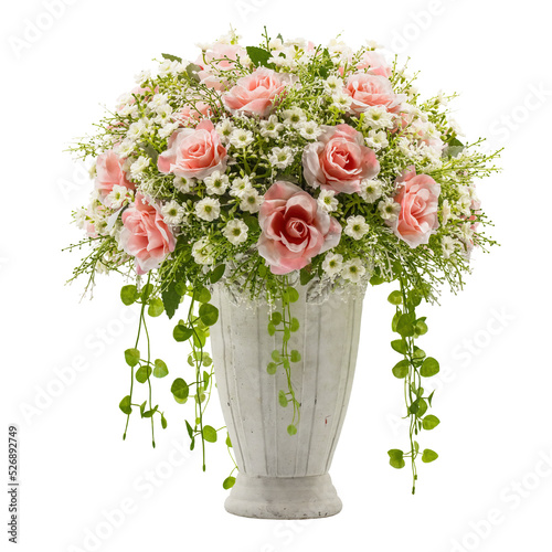 Cutout of an isolated bouquet of artificial roses in a rustic vase for weddings and home deco  with the transparent png background	