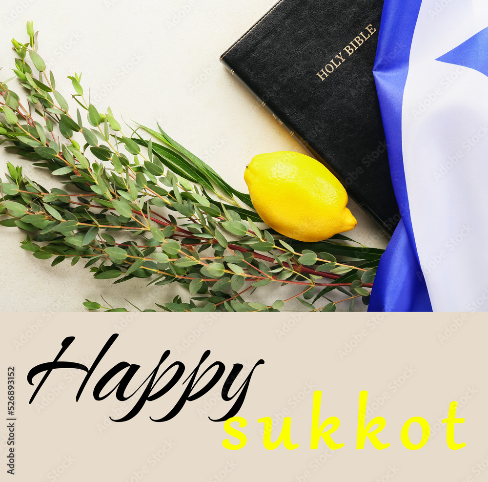 Greeting card with Sukkot festival symbols, Bible and flag of Israel