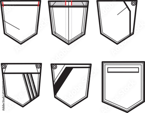 Patch pocket flat sketch vector illustration set, different types of Clothing Pockets for jeans pocket, denim, sleeve arm, cargo pants, dresses, garments, Clothing and Accessories