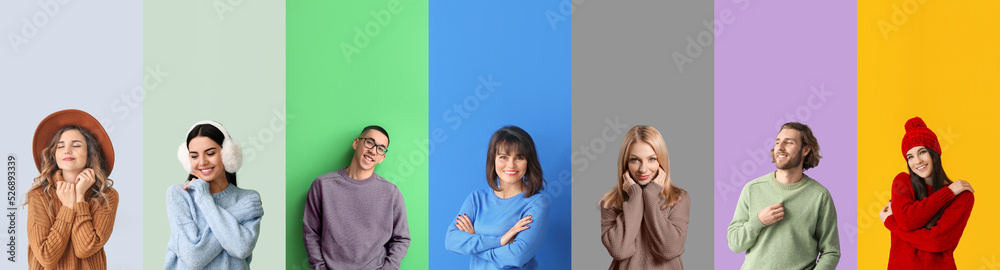 Set of stylish people in warm sweaters on colorful background Set of stylish people in warm sweaters on colorful background