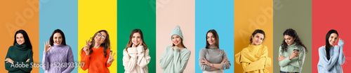 Set of pretty women in warm sweaters on colorful background