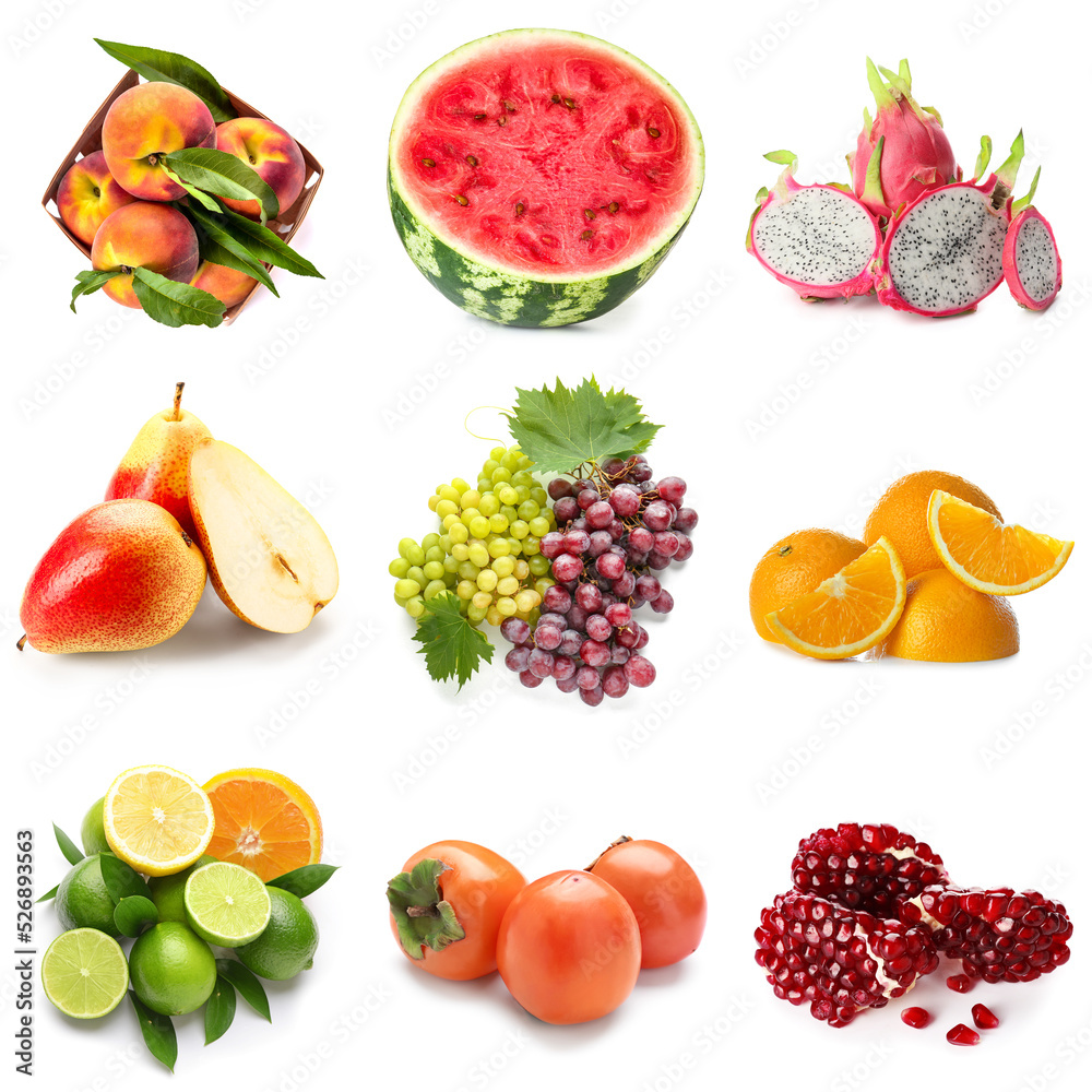 Set of many different fruits isolated on white Set of many different fruits isolated on white