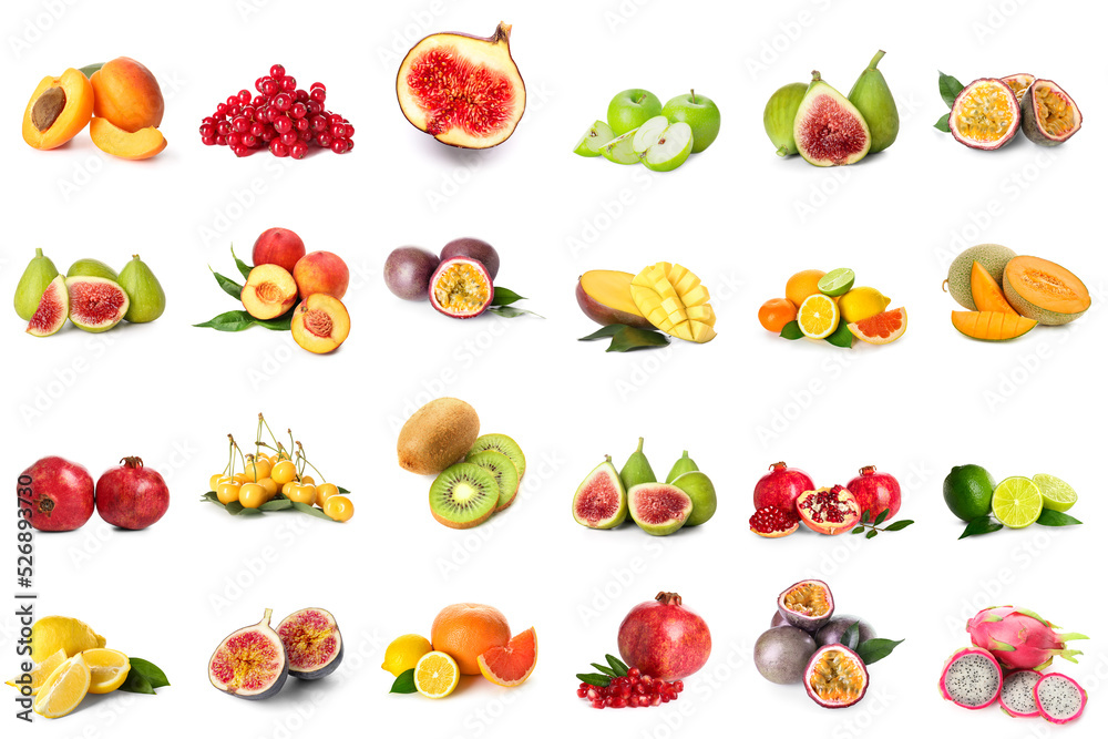 Set of different tasty fruits isolated on white Set of different tasty fruits isolated on white
