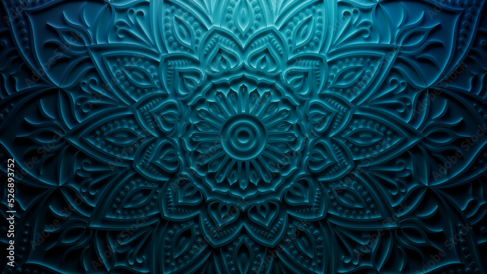Blue Surface with Extruded Ornate Flower. Three-dimensional Diwali Celebration Background. Blue Surface with Extruded Ornate Flower. Three-dimensional Diwali Celebration Background.