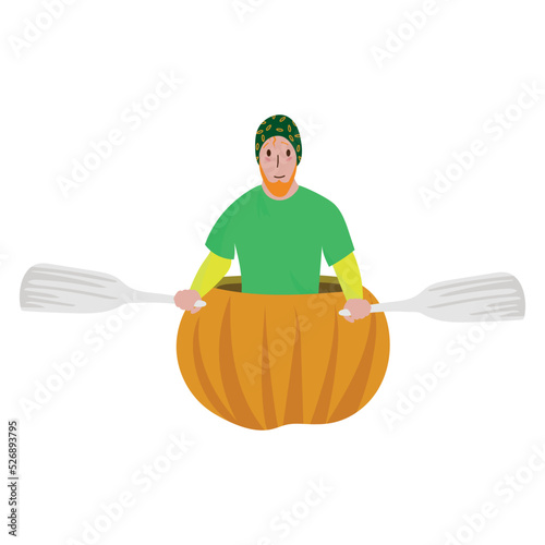 vector illustration of pumpkin regatta. a man with paddles in a pumpkin.