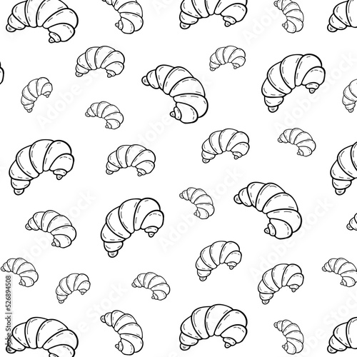 Seamless pattern with fresh baked croissant dessert in doodle engraved sketch style. Traditional morning breakfast product. Hand drawn illustration. For menu, bar, coffee shop, cafe, bakery,restaurant © Flying Master