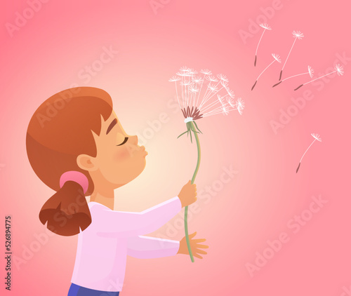 Cute girl blowing on dandelion, flower seeds flying away with wind vector illustration. Cartoon little kid enjoying spring in nature, make wish background. Childhood, aspirations, imagination concept