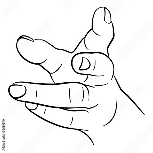 Human hand with clenched fingers. Reaching forward gesture. Empty palm. Front view. Black and white linear silhouette. Cartoon style. Isolated vector illustration. 