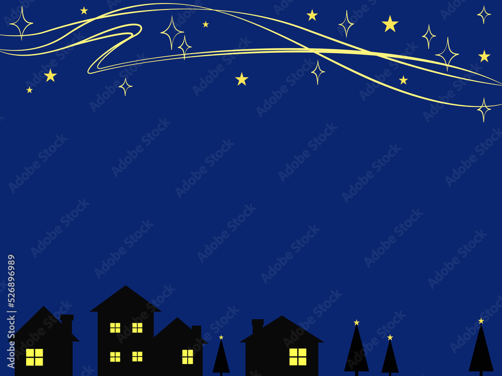 Fototapeta premium 星の輝く夜空が綺麗な街並みの背景イラスト