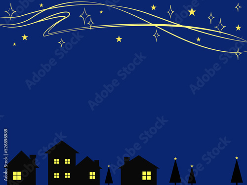 星の輝く夜空が綺麗な街並みの背景イラスト