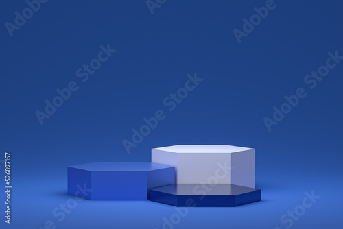 minimal podium or pedestal display on blue background for cosmetic product presentation