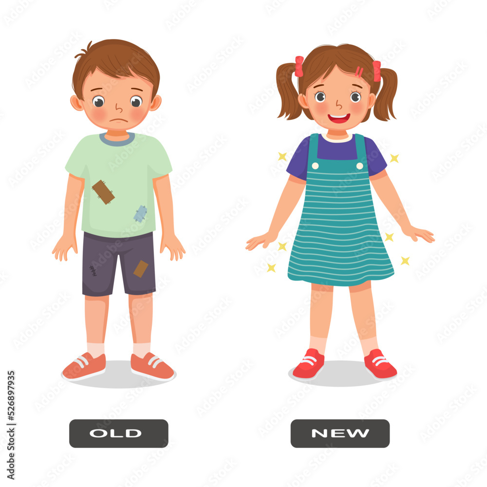 Opposite adjective antonym words old and new illustration of little kids wear clothes explanation flashcard with text label