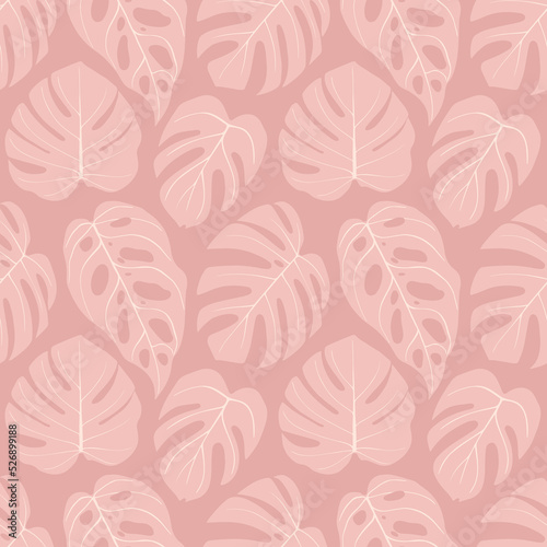 Seamless pattern with tropical leaves in a pink pastel palette. Elegant exotic background vector design.