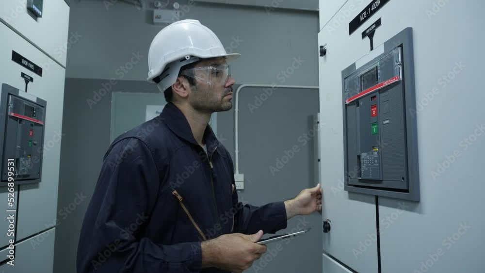 Electrical engineer using digital tablet inspect and program for electric power system in electrical control room. Engineer male working at factory. Concept of industry, factory, renewable energy. Electrical engineer using digital tablet inspect and program for electric power system in electrical control room. Engineer male working at factory. Concept of industry, factory, renewable energy.