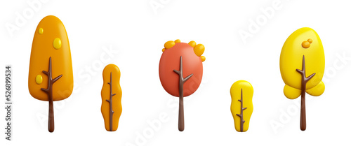 Set of autumn trees cartoon style transparent background, 3d rendering illustration