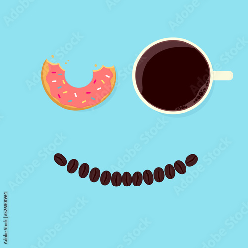 Good morning coffee, a cup of wake up black coffee and sweet bite doughnut as eyes with smiling coffee beans on blue background, fresh drinking beverage and dessert bakery breakfast vector illustratio