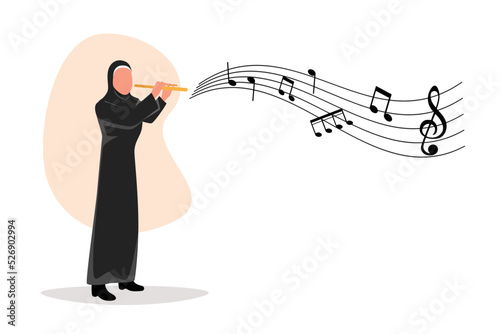 Business flat cartoon style drawing Arab female musician playing flute. Flutist performing classical music on wind instrument. Solo performance of talented flautist. Graphic design vector illustration