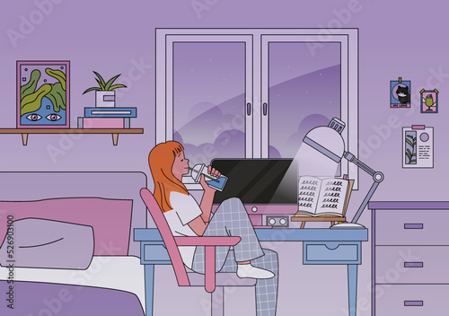 A girl is sitting at a desk and relaxing with a drink. Purple girl's room background. flat design style vector illustration.
