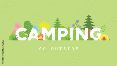 Green camping lettering banner. Trees and flowering plants are decorated. flat design style vector illustration.