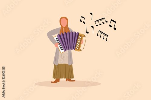 Business design drawing Arab woman musician playing accordion. Female performer plays acoustic musical instrument. Accordionist perform playing music instrument. Flat cartoon style vector illustration