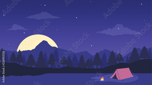 Landscape with wide sky and mountains and small tent. Tent and small bonfire in the dark night forest. flat design style vector illustration.