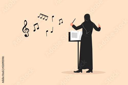 Business flat cartoon style character drawing back view Arab woman conductor performing on stage, female musician directing classic instrumental symphony orchestra. Graphic design vector illustration