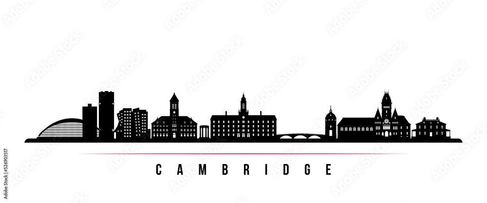 Cambridge skyline horizontal banner. Black and white silhouette of Cambridge, Massachusetts. Vector template for your design.