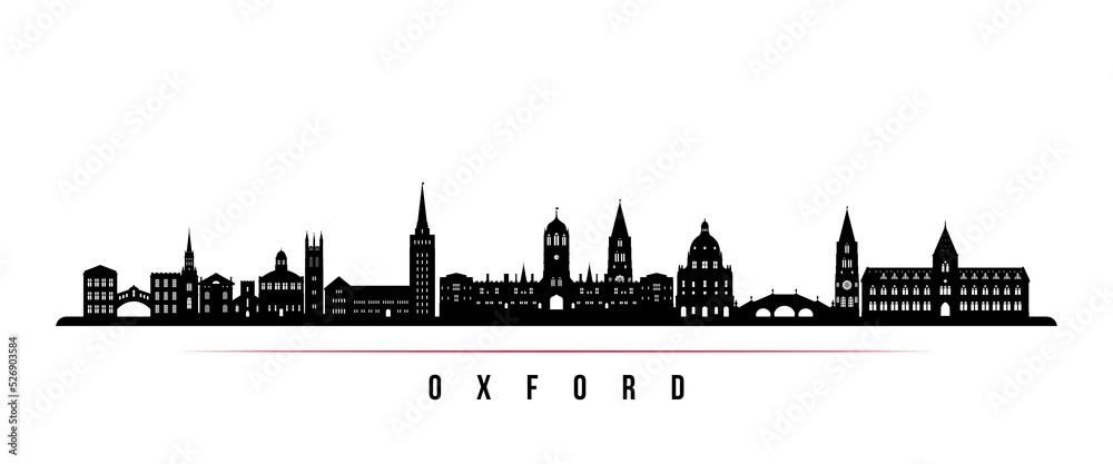 Oxford skyline horizontal banner. Black and white silhouette of Oxford, UK. Vector template for your design.