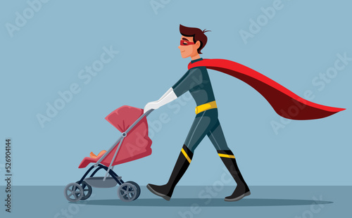 Superhero Father Pushing a Baby Stroller Vector Cartoon Illustration. Super daddy having a bonding experience walking his child