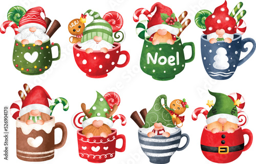 Watercolor illustration set of Christmas Gnomes in cup and Christmas candy  photo