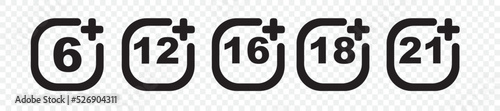 Set of age restriction signs. Marks age limit. Sign for the restriction of the age content. Age limit from six to twenty one.